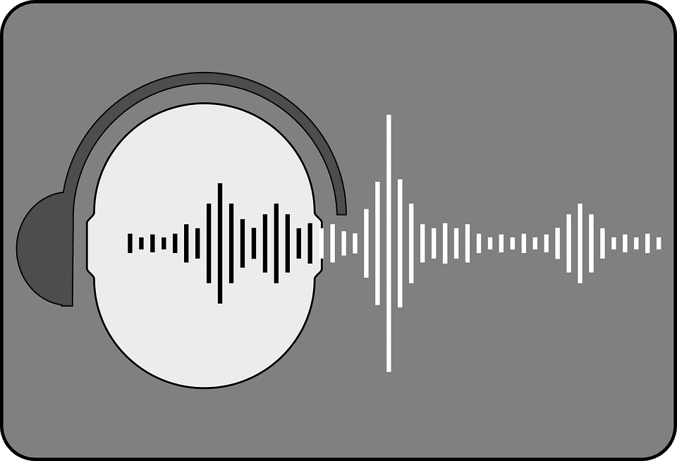 Ilustración de un círculo gris con auriculares, con una forma de onda que emerge del centro y que simboliza la música u ondas sonoras.