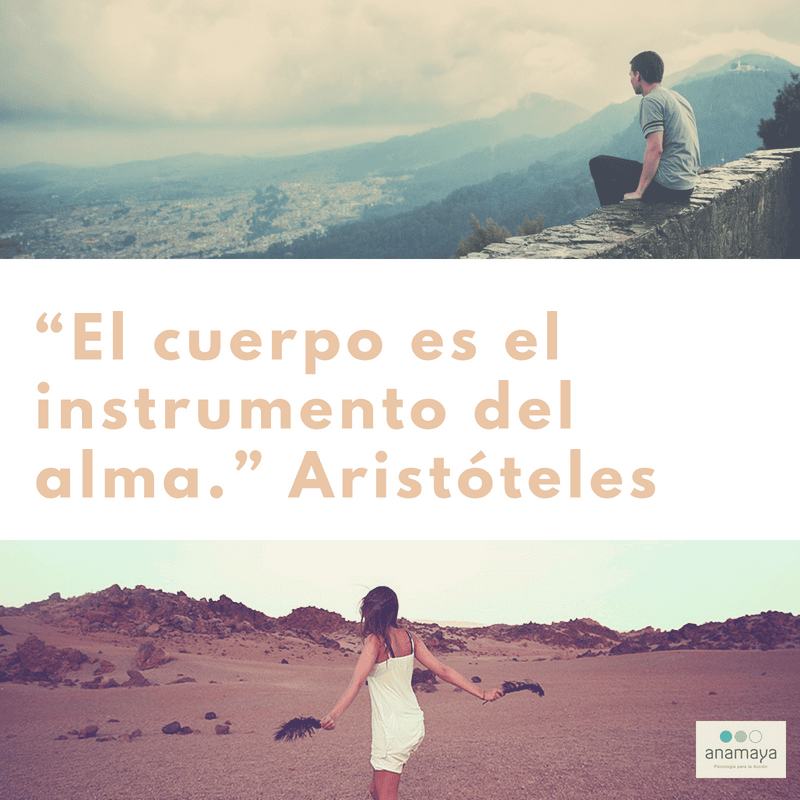 Imagen de portada: Persona sentada en un muro de piedra con vistas a un paisaje montañoso. Imagen inferior: una mujer caminando en un desierto con los brazos extendidos. La cita dice: "El cuerpo es el instrumento del alma". Aristóteles, destacando el papel esencial del bienestar en nuestras vidas.