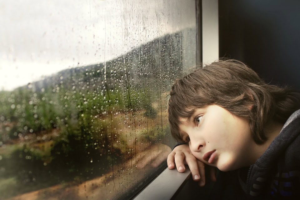 Un niño de cabello castaño mira por una ventana mojada por la lluvia, contemplando su relación con el mundo, con un lejano paisaje montañoso de fondo.