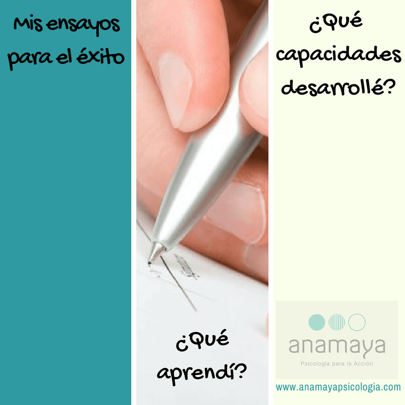 Una mano sosteniendo un bolígrafo escribe en un papel dividido por texto: "Mis ensayos para el éxito", "¿Qué aprendí del fracaso?", "¿Qué capacidades desarrollé?" con un logo de "Anamaya Psicología para la Acción".