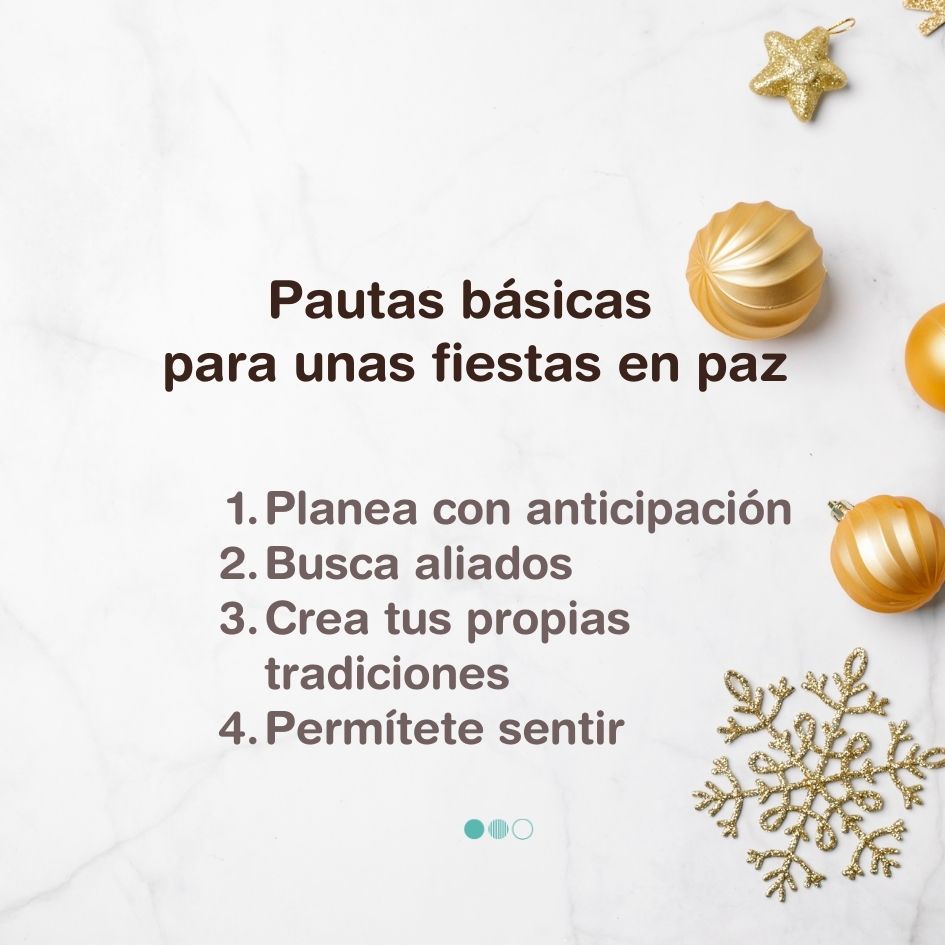 Adornos navideños y texto en español sobre fondo blanco. El texto ofrece pautas para afrontar los conflictos familiares en Navidad: planifique con anticipación, encuentre aliados, cree tradiciones y permítase sentir.